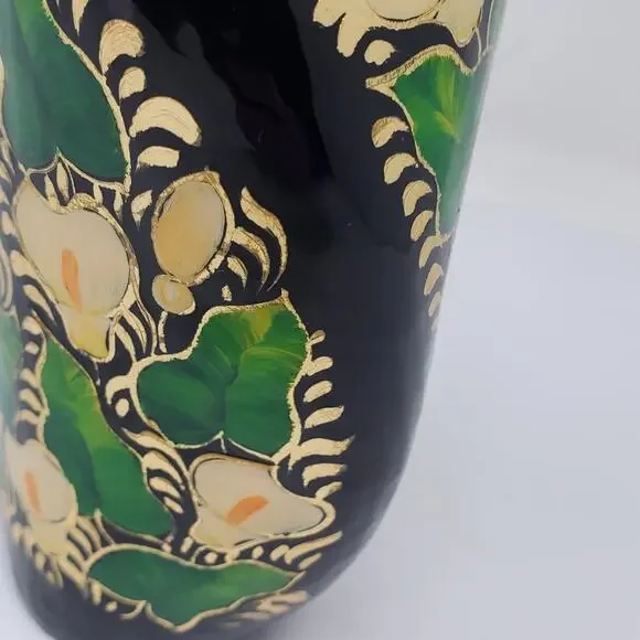 Vintage Black Floral twisted Cloisonné 7" vase Lilly and butterfly hand painted - Picture 4 of 10